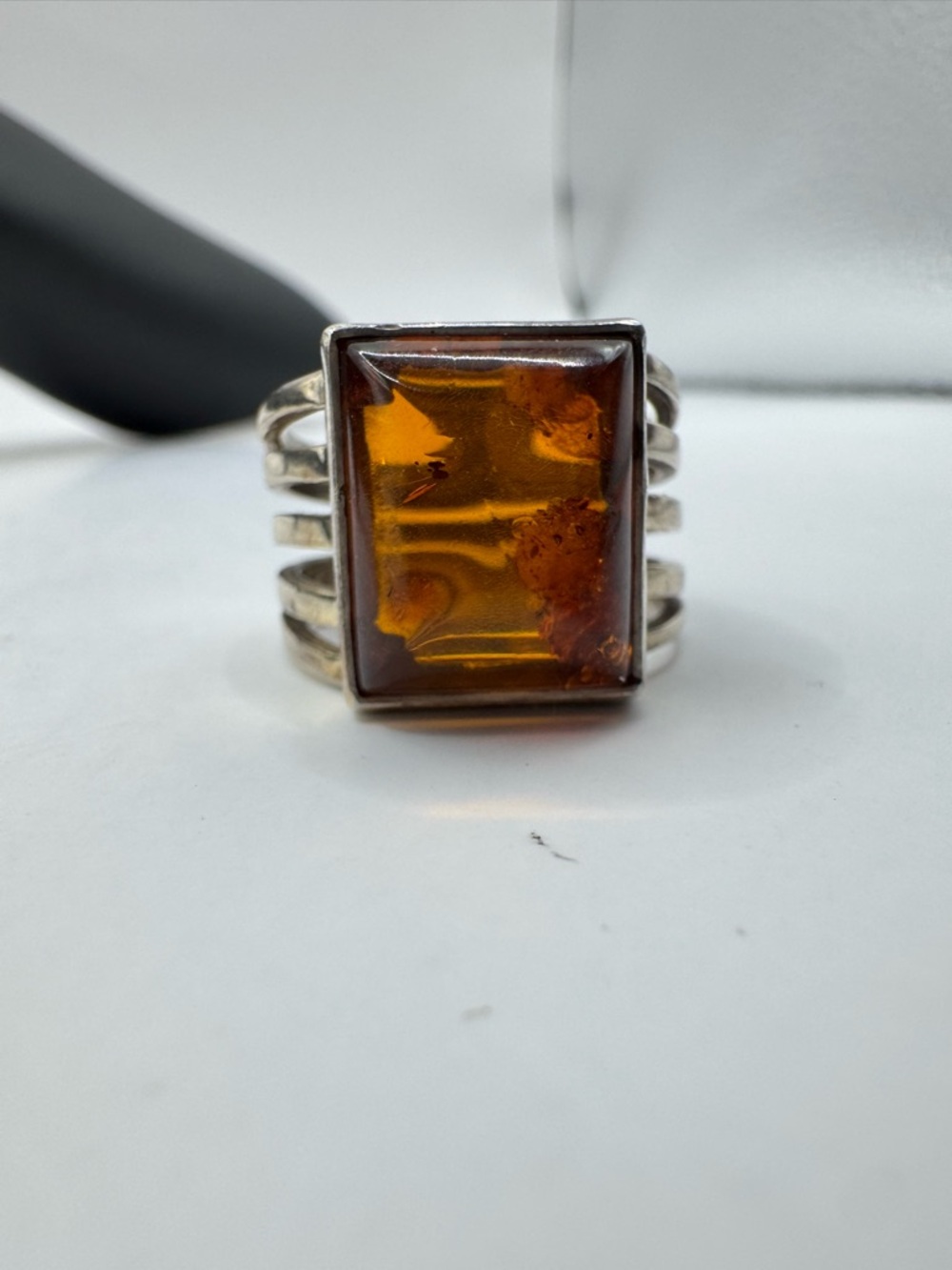 Vintage Sterling Silver Amber Statement Ring - Rectangular Cognac Amber Size 7.5